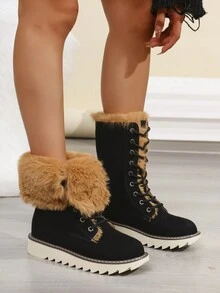 New Fashion Thick Bottom Waterproof Insulated Retro Winter Snow Boots With Anti-Slip Soft Sole - Black - View 4