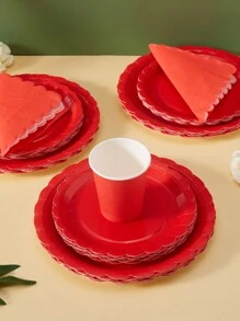 Big Red Petals 一次性餐盘、餐巾和纸杯套装，Big Red Petals 餐盘、餐巾和纸杯派对用品，可供 25 位客人使用，一次性纸盘派对餐具，适用于生日婚礼派对家庭野餐 - 紅色 - 查看 4