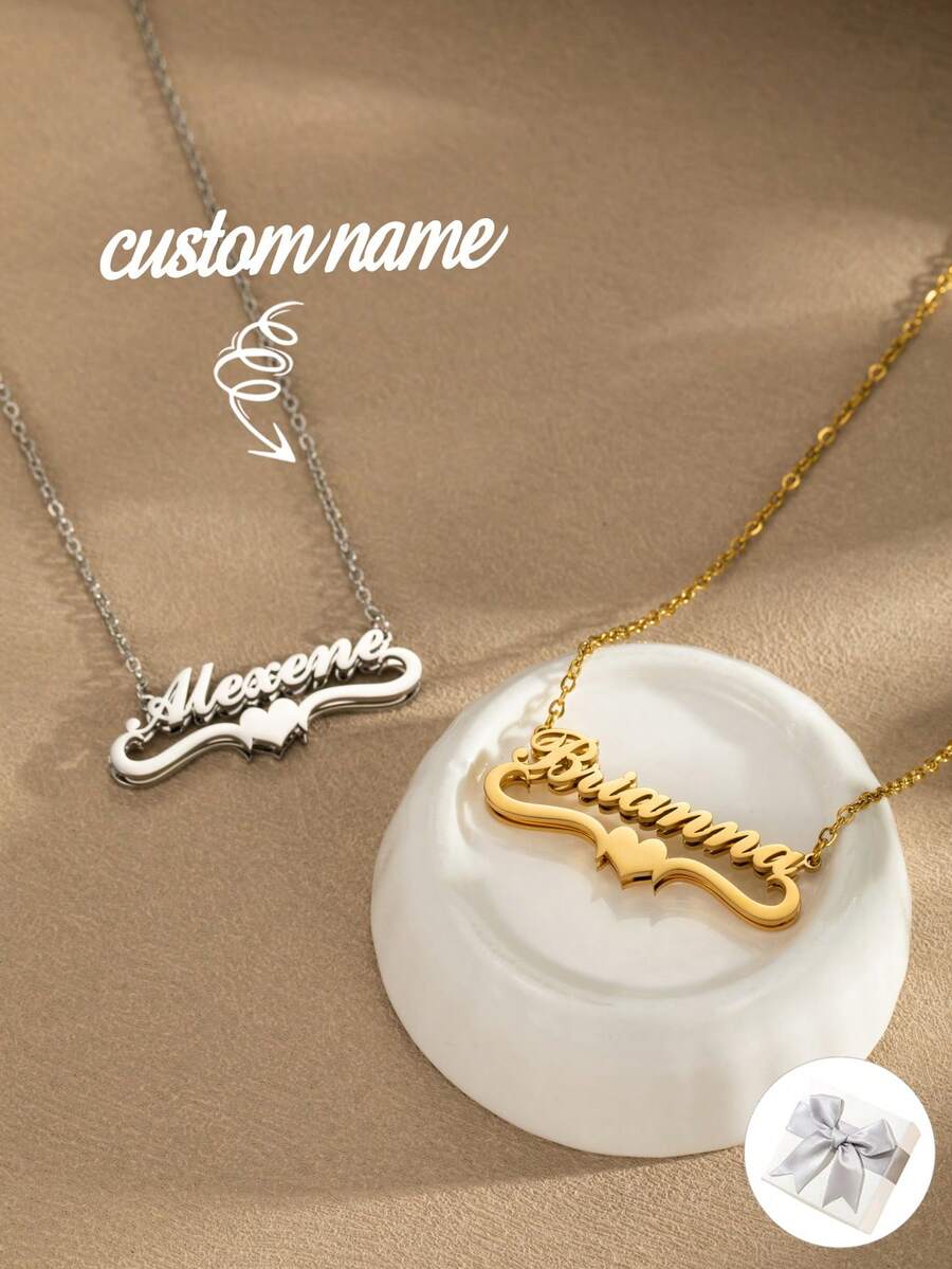 1 件定制双层铭牌项链，个性化不锈钢心形吊坠，定制铭牌项链，送给妈妈的个性化礼物，圣诞节礼物，母亲节礼物，情人节礼物 - 銀色 - 查看 1