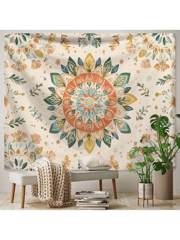 1 Stück Wandbehang mit Bohemian Mandala- und Blatt-Muster, Heimdekoration, moderner quadratischer dekorativer Polyester-Wandbehang, geeignet für Wohnzimmer & Schlafzimmer, Raumdekoration, Zimmerfahnen, Wandteppich
