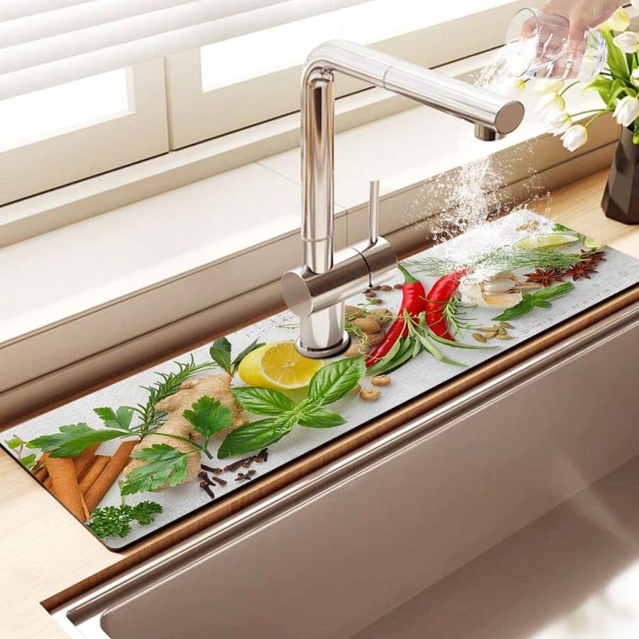 1 件调味图案，多尺寸水龙头排水垫，厨房水龙头排水垫，防滑硅藻土橡胶材料 - 彩色 - 查看 1