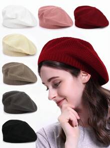 2pcs/1pc Women Casual Solid Color Knitted Beret Hat, Fashion & Versatile - Multicolor - View 2