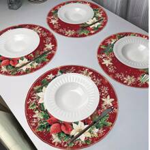 6个/4个/1个圣诞派对装饰圆形餐垫，花环和雪花图案设计 - 15英寸亚麻材质，防滑，耐热，可机洗，节日派对装饰圆形餐垫，直径15英寸，派对厨房用餐装饰，圣诞桌面装饰，适用于派对、厨房等场合。 - 彩色 - 查看 2