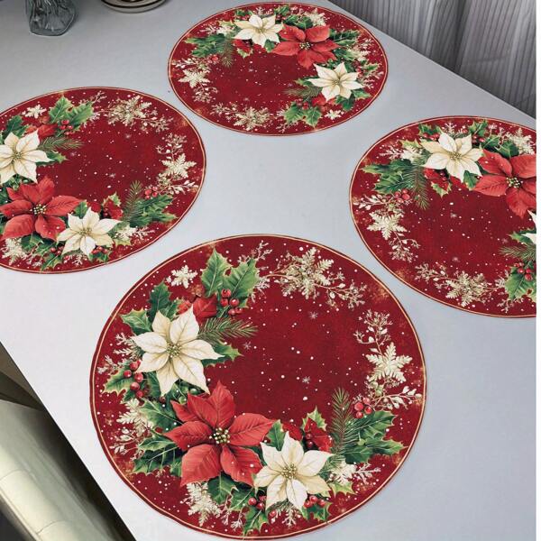 6 pezzi/4 pezzi/1 pezzo Tovagliette circolari per decorazione di feste di Natale, motivi floreali e di fiocchi di neve, in materiale di lino da 15 pollici, antiscivolo, resistente al calore, lavabili in lavatrice, decorazione per feste natalizie, diametro 15 pollici,decorazione da cucina e tavola per feste e Natale, adatta per feste e cucine