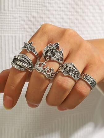 5/6 件朋克风格骷髅、火焰装饰戒指套装、哥特式男士戒指、圣诞节、新年、情人节节日礼物