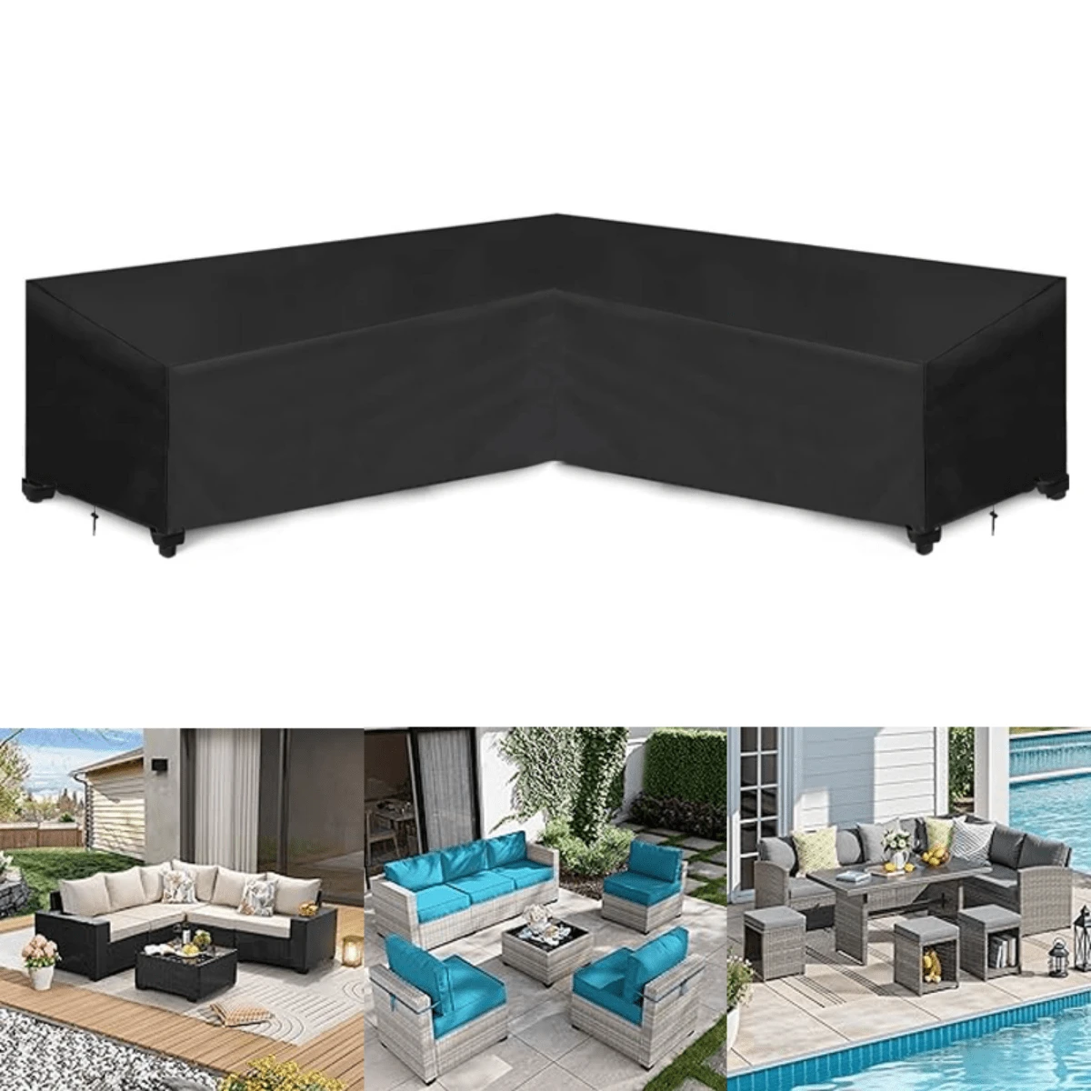 Waterproof V-Shaped Sectional Sofa Cover For Outdoor Patio Furniture, Durable Polyester Fabric With Snap And Drawstring Design - Effectively Protect Your Furniture. - Black - View 1