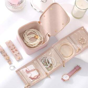 1pc 12*12*7cm/10*10*5cm/9*5*4cm/11*10*3.5cm Travel Jewelry Bag, Portable Mini Jewelry Storage Box, Women Jewelry Organizer Case, Bridesmaids Gift And Travel Essential Accessories, With Storage Bag For Rings, Necklaces, Earrings, Bracelets, Jewelry Box