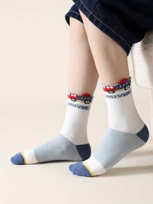 5 双/套男童中筒袜，蓝色汽车、字母、数字、条纹和方块图案。颜色有白色、蓝色、红色和黄色。弹性透气，适合冬季、雨雪天和节日。可搭配运动鞋。简约风格。 - 彩色 - 查看 11