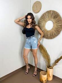 JZ JEANS Women's Ripped Jeans With Belt In Light Wash - Màu xanh lam - Xem 4