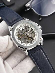 LONGLUX 1 Đồng hồ nam dây da chống thấm nước tự động rỗng, phong cách thường ngày - Màu xanh lam - Xem 7