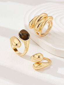 3 件女士粗戒指套装，虎眼装饰交叉堆叠水滴形个性戒指套装 - 金色 - 查看 2