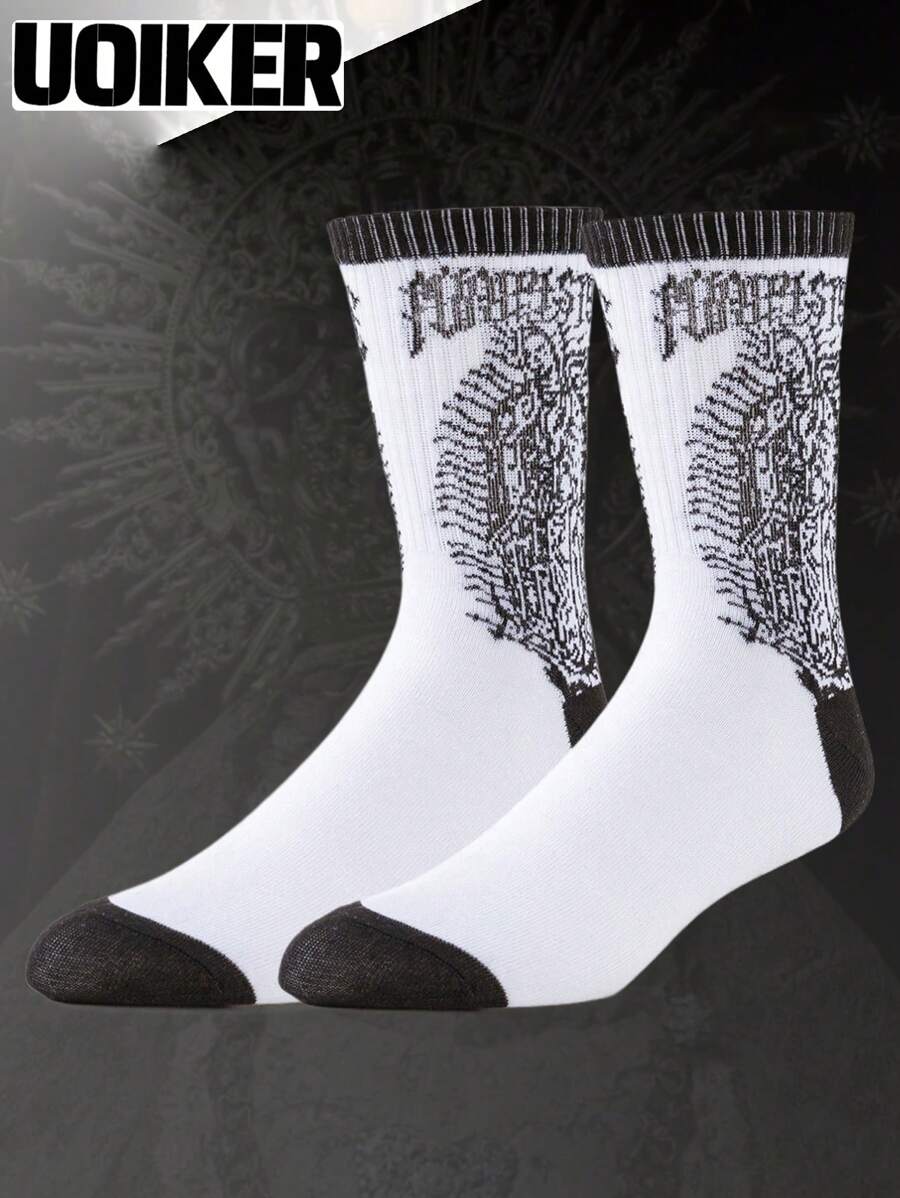 1 双男女款筒袜骷髅设计师新奇趣味袜子街头风格时尚滑板篮球嘻哈袜新奇趣味疯狂快乐袜子 - 彩色 - 查看 1