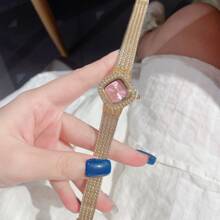 1pc Women's Gold Rhombus Rhinestone Stainless Steel Mesh Band Quartz Watch, 3ATM Water Resistant, Suitable For Daily Wear, Christmas Party, Gift