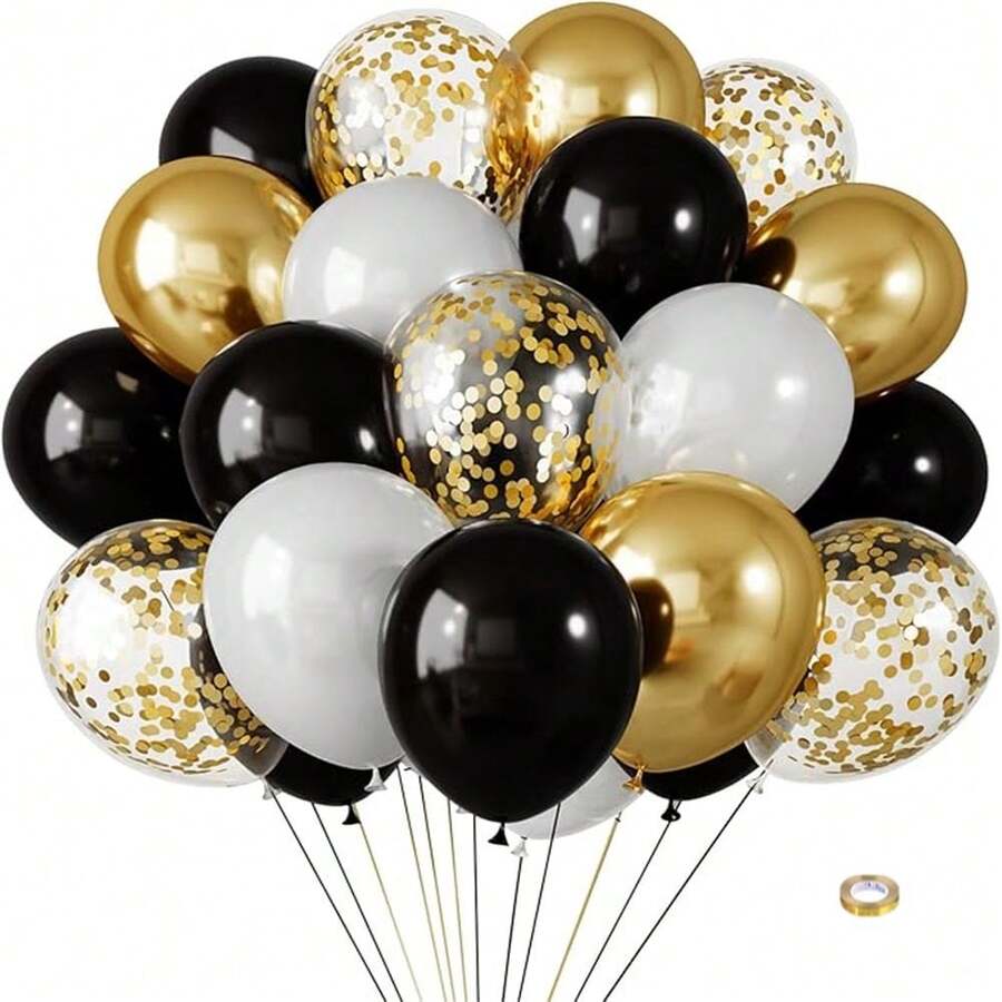 Bộ 21 quả bóng bay kim tuyến vàng đen, bóng bay tiệc màu vàng kim loại và đen trắng kèm ruy băng dùng cho sinh nhật, đám cưới, lễ tốt nghiệp, trang trí năm mới - Nhiều màu - Xem 1