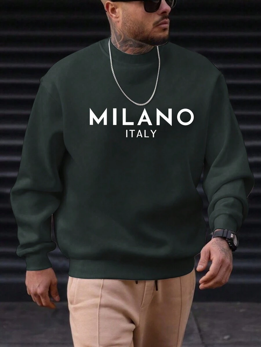 Men's Urban Print Crew Neck Loose Fit Casual Sweatshirt, Spring/Autumn - Dark Grey - View 1