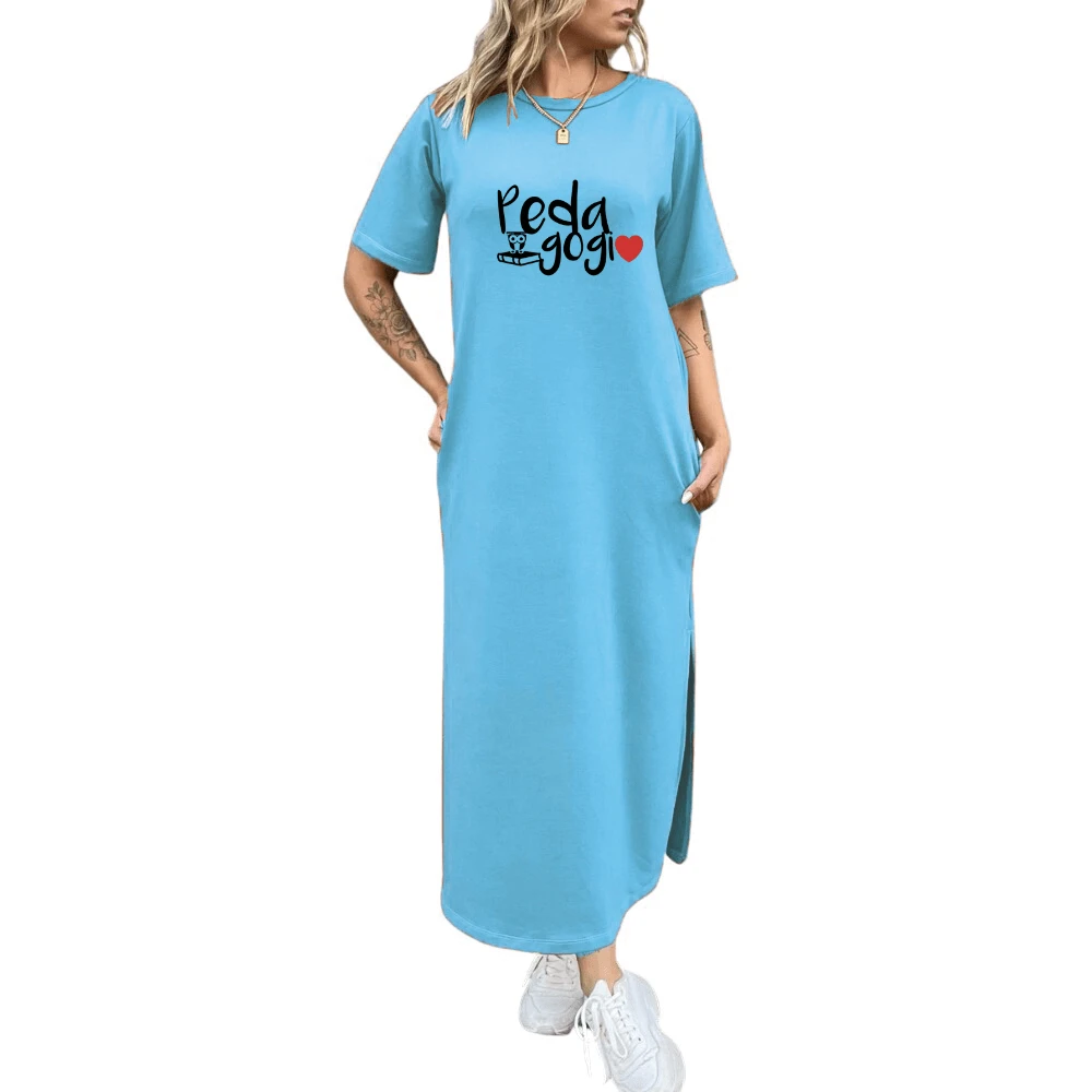 Long Dress Pedagogy Profession Personalized Printed Cotton Casual Elegant Loose Comfortable - 藍色 - 查看 1