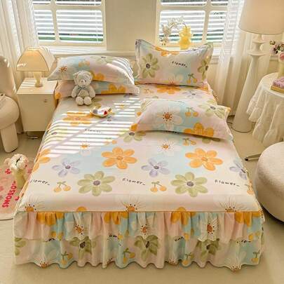 3 件套花朵图案床裙 + 2 件枕套，韩式公主风格荷叶边床上用品套件