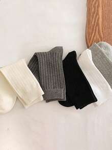 5 双女式春秋纯色黑白灰色中筒袜，防臭吸汗经典条纹图案中筒袜 - 彩色 - 查看 3