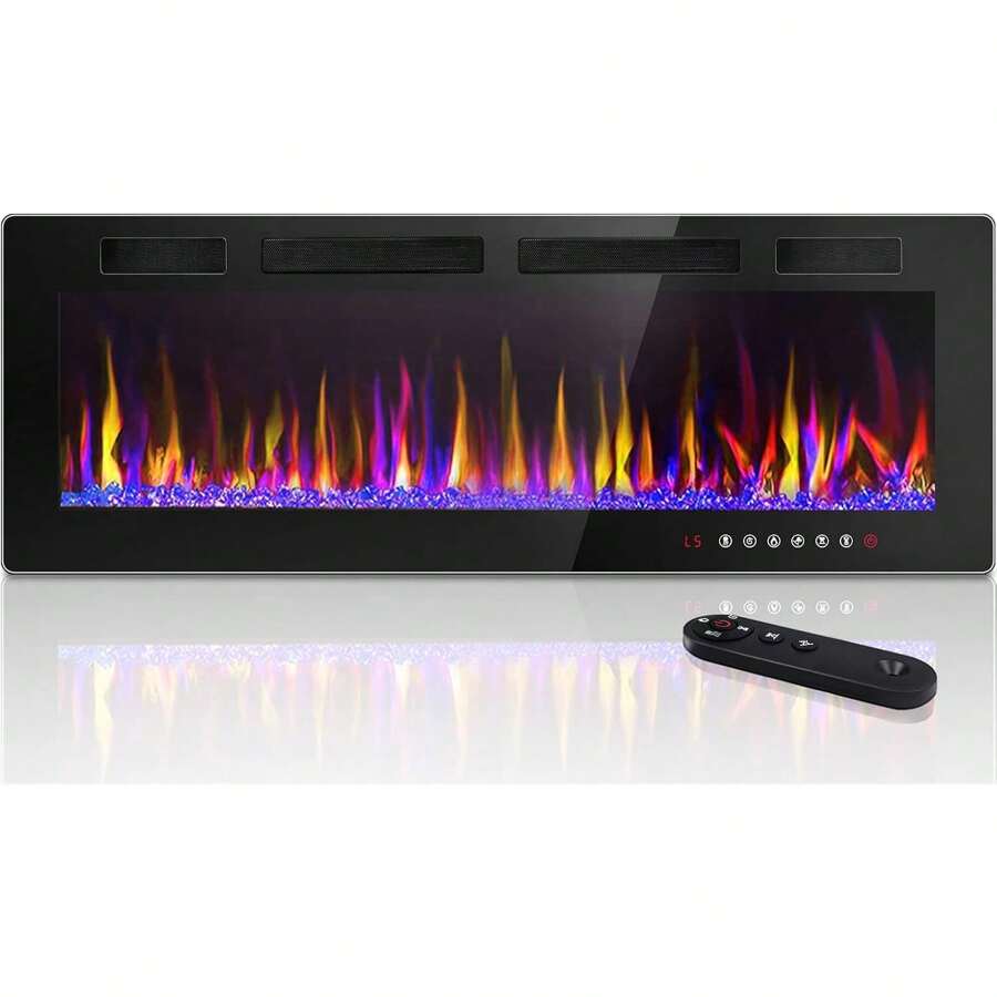 60'' Ultra-Thin Electric Fireplace In-Wall Recessed And Wall Mounted Fireplace Heater,Linear Fireplace With Multicolor Flame,Timer,Low Noise,750/1500W,Touch Screen & Remote Control, With Plug - Black(60in) - View 1