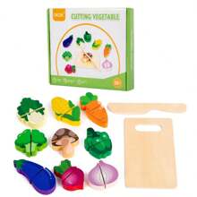 Juego de cocina de madera con frutas y verduras de juguete, set de alimentos de juego, juguetes de madera, alimentos de madera