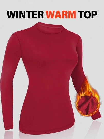 1件酒红色修身长袖保暖高领上衣，秋冬季