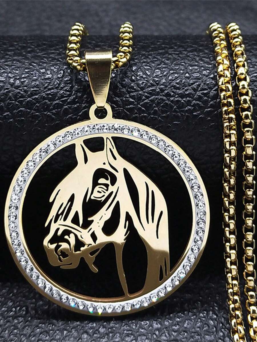 动物马头吊坠项链，男女款不锈钢透明水钻动物项链，金银色，男女款时尚珠宝项链 - 項鍊 - 查看 1