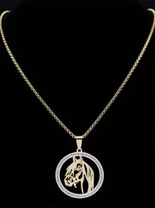 动物马头吊坠项链，男女款不锈钢透明水钻动物项链，金银色，男女款时尚珠宝项链 - 項鍊 - 查看 3