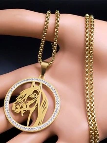 动物马头吊坠项链，男女款不锈钢透明水钻动物项链，金银色，男女款时尚珠宝项链 - 項鍊 - 查看 5