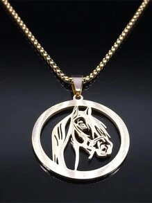 动物马头吊坠项链，男女款不锈钢透明水钻动物项链，金银色，男女款时尚珠宝项链 - 項鍊 - 查看 4