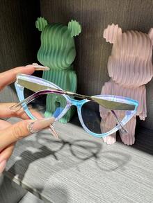 1 Cặp Kính Mắt Mèo Màu Sọc Kim Loại Trang Trí Trong Suốt, Thích Hợp Cho Việc Phối Đồ Hàng Ngày, Unisex - xanh tím - Xem 2