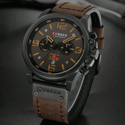  Curren Men's Quartz Watch, Waterproof Sports Chronograph Multifunction Wristwatch With Pu Leather Strap Father