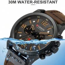 Curren男裝石英手錶，防水運動計時多功能手錶，配以PU皮革錶帶，送給父親最佳 - 黑色 - 查看 6