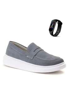 Men's Elegant Loafer Shoes In Lightweight Stitched Leather With Soft Sole + Watch - Grey - View 1