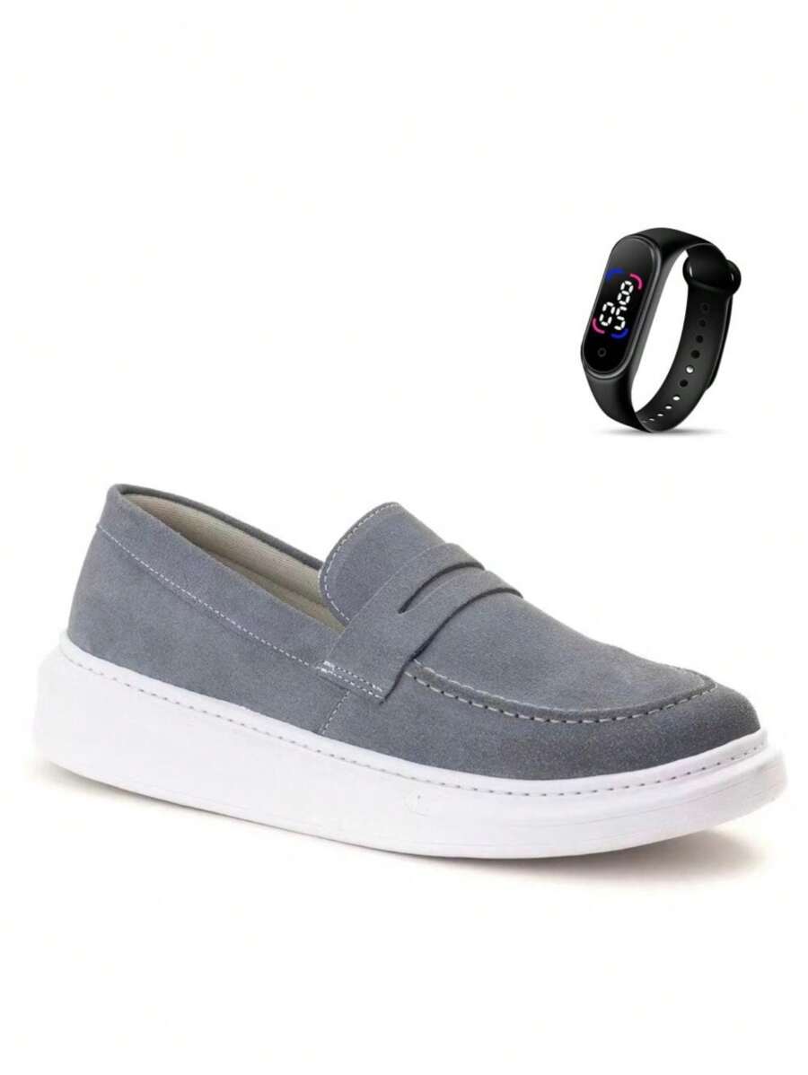 Men's Elegant Loafer Shoes In Lightweight Stitched Leather With Soft Sole + Watch - Grey - View 1