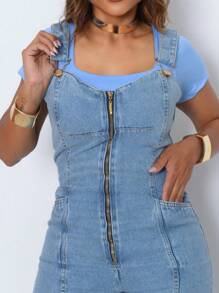 Women's Denim Overalls With Adjustable Straps And Front Zipper - 淺色水洗藍 - 查看 4