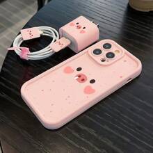 Set de 5 piezas con diseño de cerdo rosa compatible con iPhone 11 13 14 ProMax 11 14 Plus 15 Plus 16 16 Plus 16 Pro 16 Pro Max, que incluye: Funda de teléfono con diseño de cerdo rosa, cubierta de cargador, protector de cable de datos, organizador de cables, a prueba de agua, a prueba de golpes, resistente a arañazos, regalo de cumpleaños de primavera - Multicolor - Ver 2