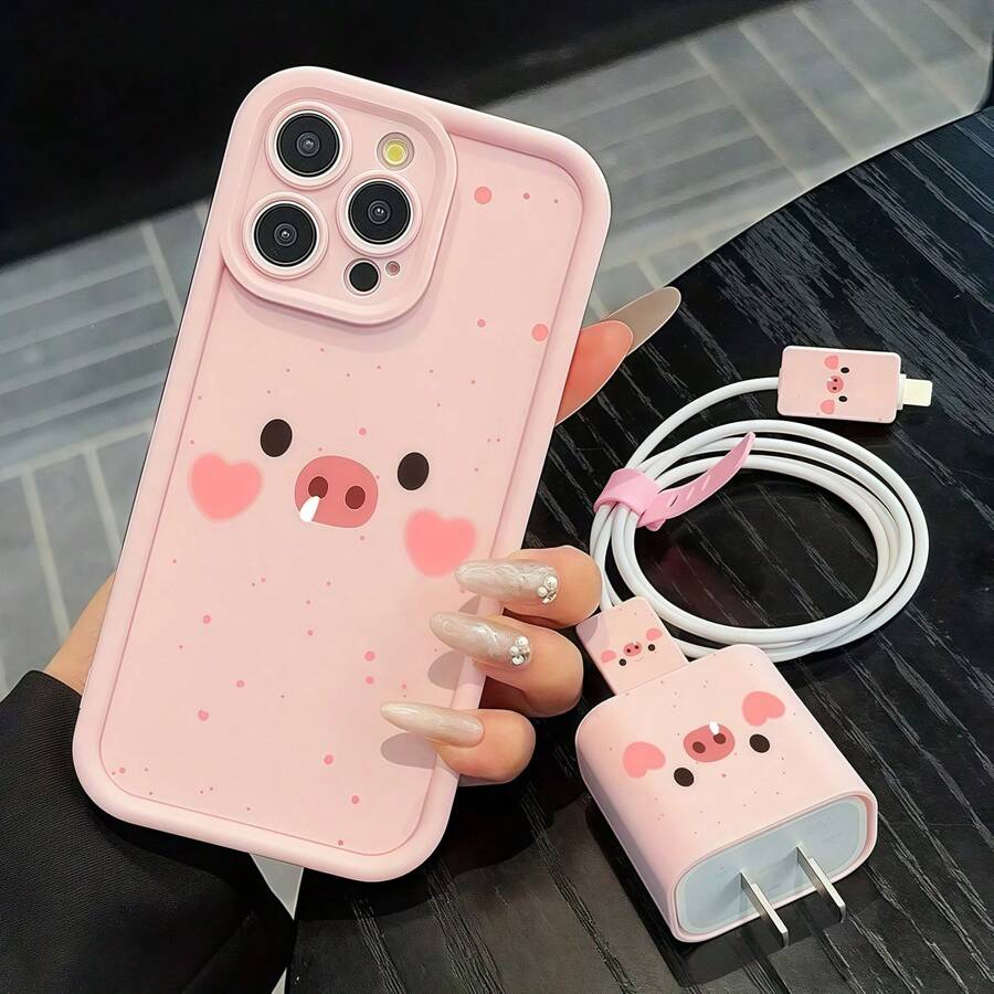 Set de 5 piezas con diseño de cerdo rosa compatible con iPhone 11 13 14 ProMax 11 14 Plus 15 Plus 16 16 Plus 16 Pro 16 Pro Max, que incluye: Funda de teléfono con diseño de cerdo rosa, cubierta de cargador, protector de cable de datos, organizador de cables, a prueba de agua, a prueba de golpes, resistente a arañazos, regalo de cumpleaños de primavera - Multicolor - Ver 1