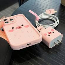 Set de 5 piezas con diseño de cerdo rosa compatible con iPhone 11 13 14 ProMax 11 14 Plus 15 Plus 16 16 Plus 16 Pro 16 Pro Max, que incluye: Funda de teléfono con diseño de cerdo rosa, cubierta de cargador, protector de cable de datos, organizador de cables, a prueba de agua, a prueba de golpes, resistente a arañazos, regalo de cumpleaños de primavera - Multicolor - Ver 4