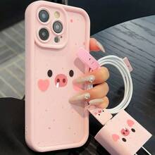 Set de 5 piezas con diseño de cerdo rosa compatible con iPhone 11 13 14 ProMax 11 14 Plus 15 Plus 16 16 Plus 16 Pro 16 Pro Max, que incluye: Funda de teléfono con diseño de cerdo rosa, cubierta de cargador, protector de cable de datos, organizador de cables, a prueba de agua, a prueba de golpes, resistente a arañazos, regalo de cumpleaños de primavera - Multicolor - Ver 3