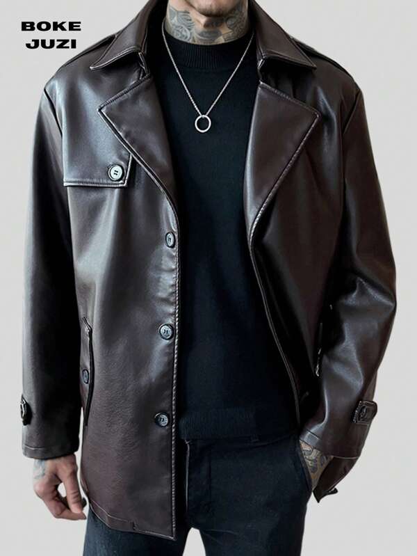 Men's Fashion Solid Color Single-Breasted PU Leather Coat With Striped Lining For Daily Business Style
