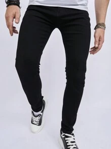 HEHCN 男士纯棉紧身牛仔裤修身长款洗水深色洗水牛仔裤纯黑色派对休闲朋友装 - 黑色 - 查看 1