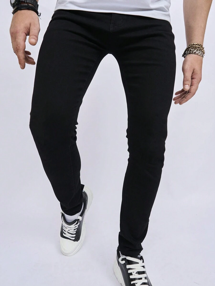 HEHCN 男士纯棉紧身牛仔裤修身长款洗水深色洗水牛仔裤纯黑色派对休闲朋友装 - 黑色 - 查看 1