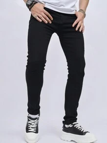 HEHCN 男士纯棉紧身牛仔裤修身长款洗水深色洗水牛仔裤纯黑色派对休闲朋友装 - 黑色 - 查看 2