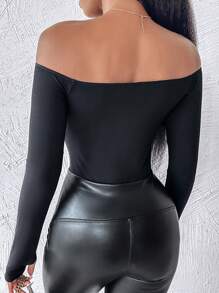 Off Shoulder Long Sleeve Skinny Casual Top - Black - View 3