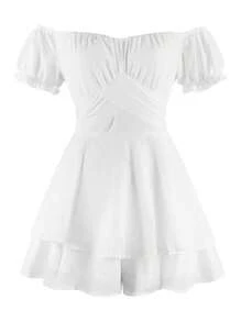 Womens Lantern Ruffle Romper Off Shoulder Short Sleeve Flowy Lyaner Smocked Romper Dress Short Jumpsuit Playsuits Mini Dress - 白色 - 查看 5