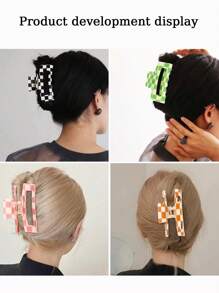 3-Piece Set Of Women's Sweet And Cute Checkerboard Grip Clips, Made Of Acetic Acid Material For Daily Commuting Fixed Hair, Classic Style Plate Hair Medium Grip Clip, Valentine's Day Couple As Gift Hair Accessories, Hair Claw, Claw Clips, Hair Jaw Clip, Hair Clutch