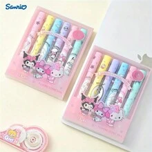 Sanrio 6pcs Sanrio Highlighter Pen - Eye Friendly, Colorful Circular Tip, Medium Plastic Material, Snap On Cap, Suitable For Daily Office/Diary And Note Taking, Ideal Choice For Students And Professionals