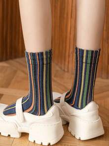 1 Đôi tất sọc thời trang dành cho nữ, thích hợp để mặc hàng ngày, mùa thu/đông - Đỏ - Xem 3