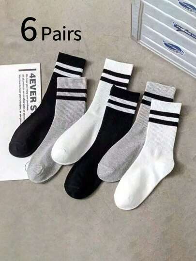 6pcs/1 Pair Kids & Teens Black, White, Gray Striped Socks, Casual Sports, Girl Gifts, Boy Gifts, Mom Gifts, Dad Gifts, Girls Winter Clothes, Boys Winter Clothes, Holiday Gifts
