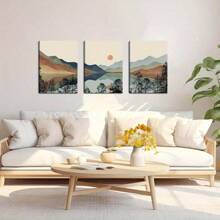 Framed Mountain Canvas Wall Poster Prints Painting, Sun Forest Abstract Nature Landscape Artwork Wall Decor For Living Room, Bedroom, Office - 裱框A - 查看 3